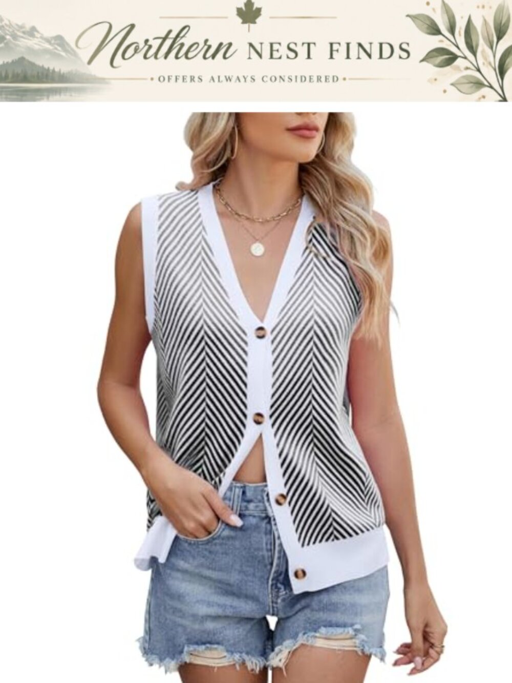 Sleeveless V-Neck Striped Cardigan Sweater Lightweight Button Front Knit